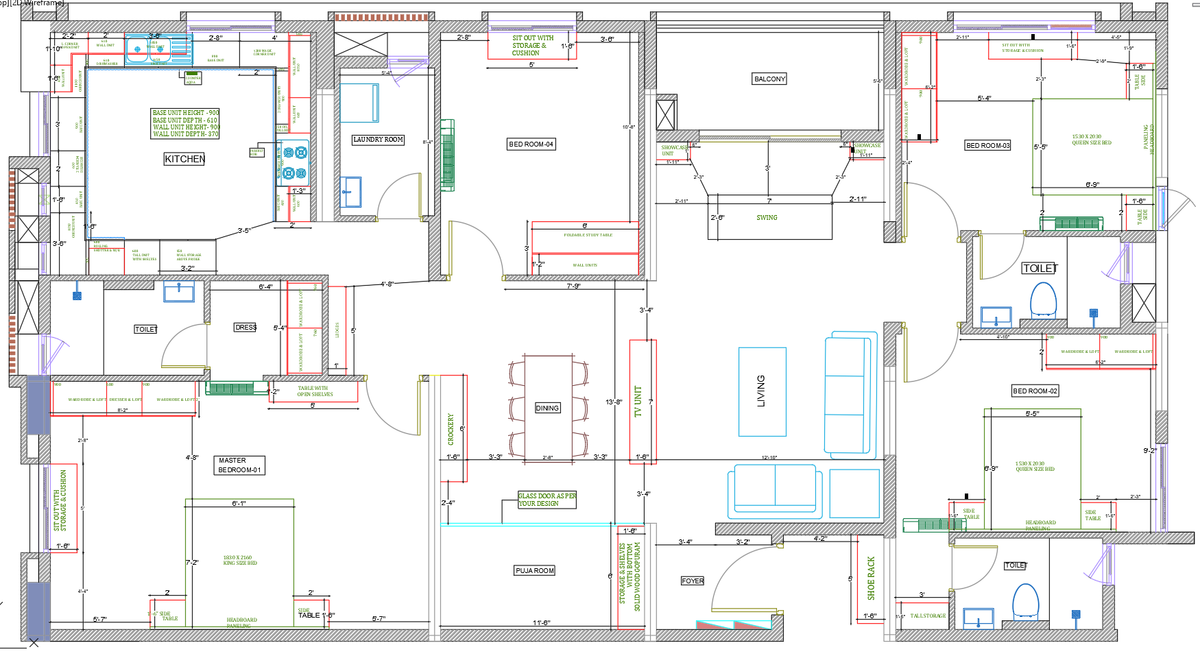 Bedroom and Kitchen Interior Furniture Layout with Wardrobe Details