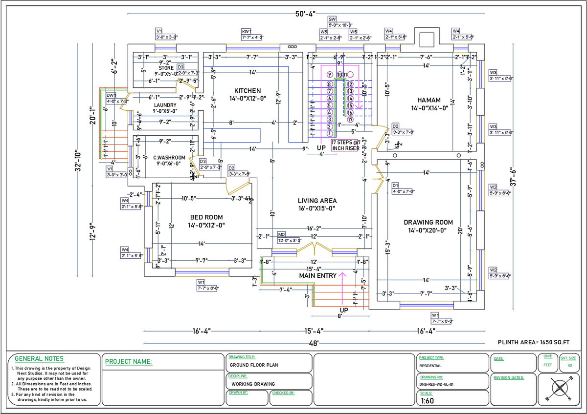 Ground Floor House Plan with Drawing Living Room Kitchen-Hamam Area