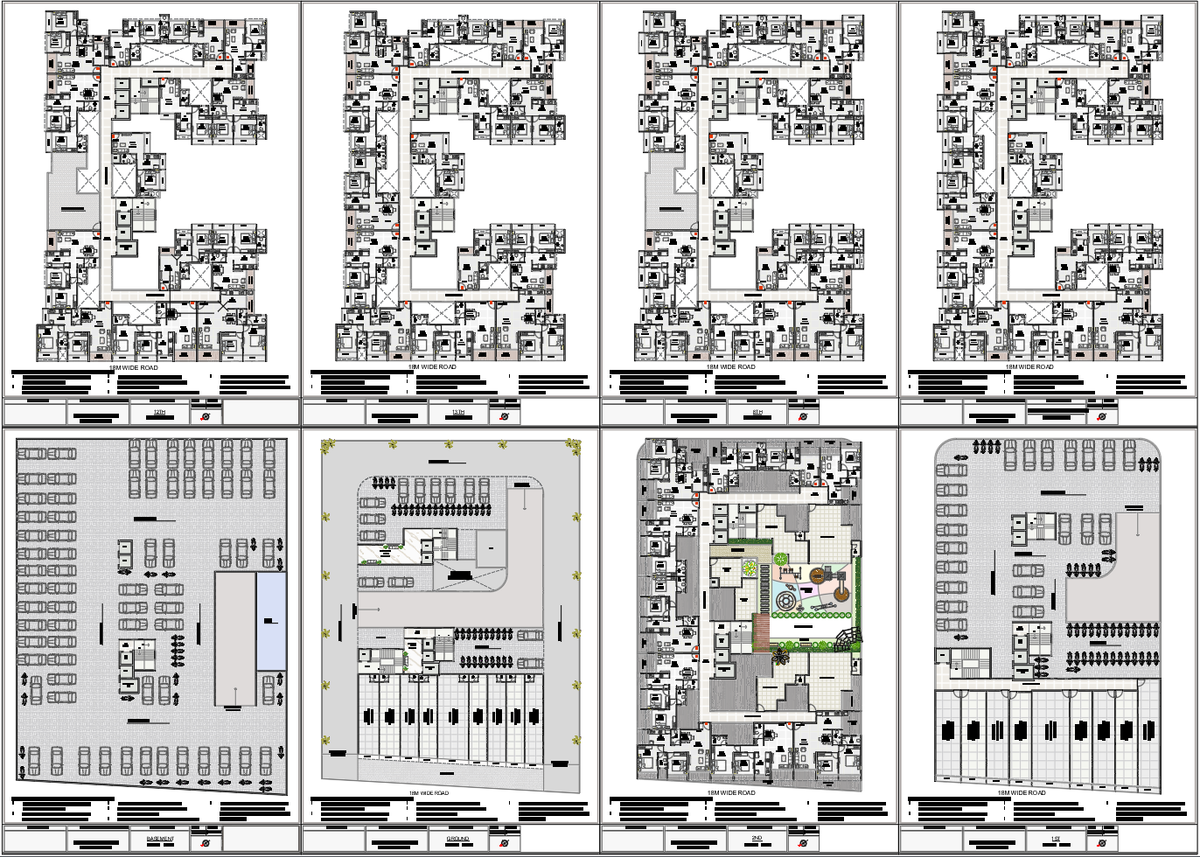 Multi Unit Apartment Floor Plan with 1BHK and 2BHK Flats Layout DWG