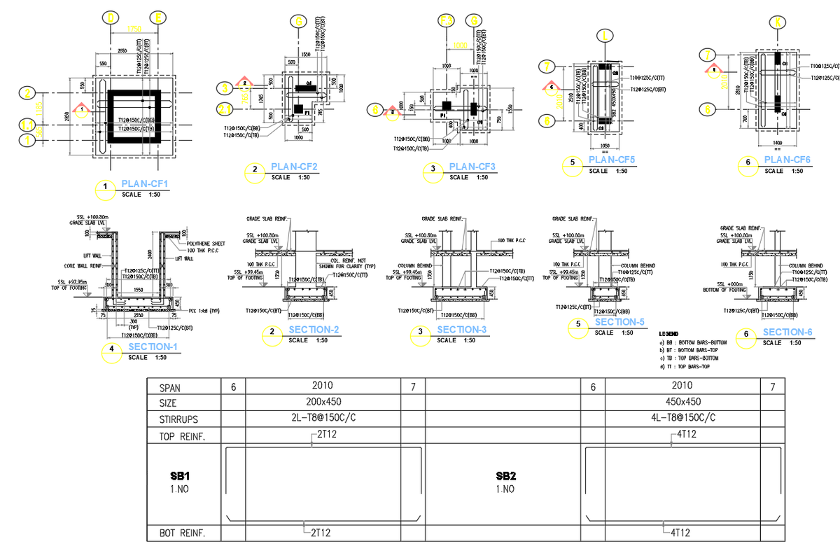 Column Footing Reinforcement Detail Plan 200x450 and 450x450 DWG