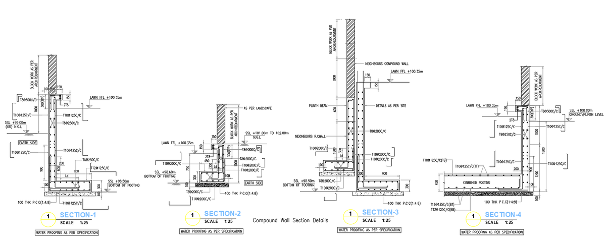 Reinforced Concrete Compound Wall Section Details with Footing Specs
