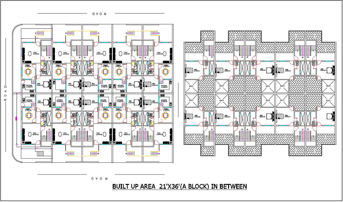 21x36 Row House Bungalow Plan Block Layout with Detailed Rooms