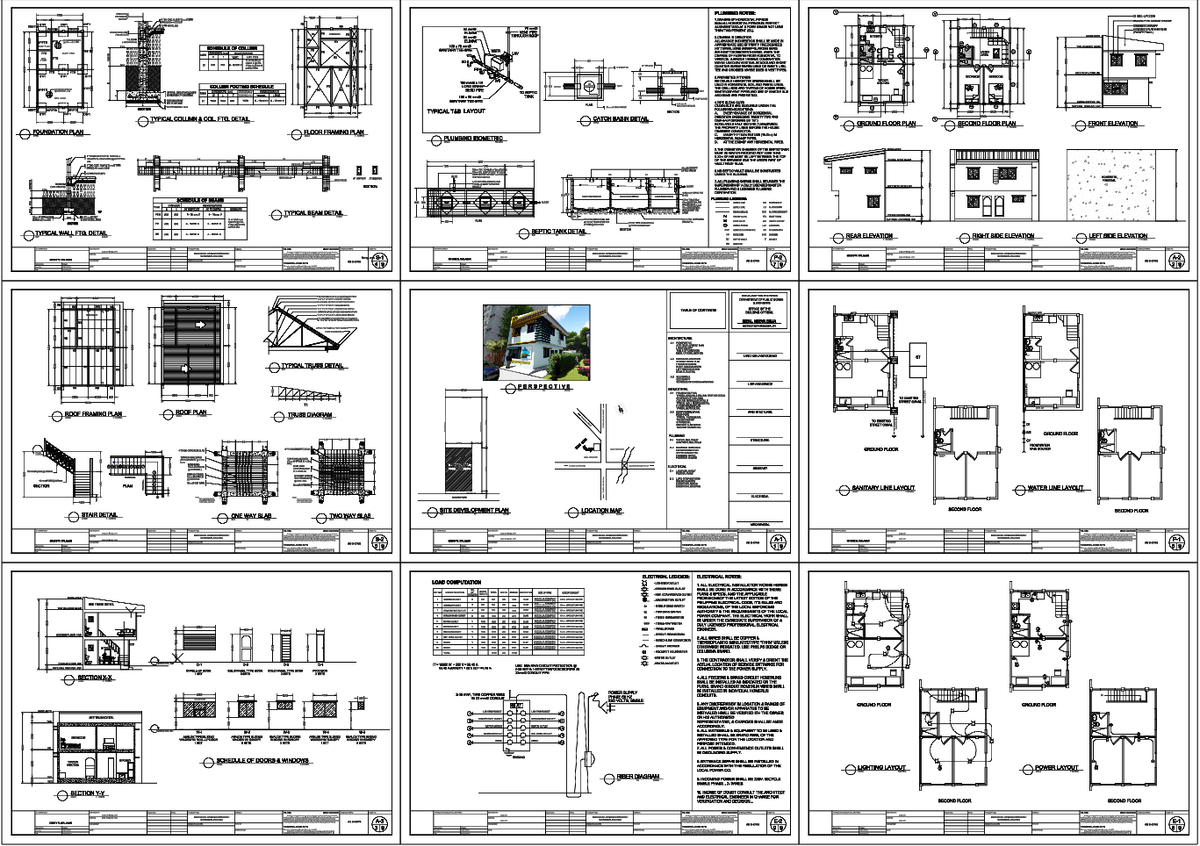 Complete Small House Architectural Drawing with Floor Plans Set