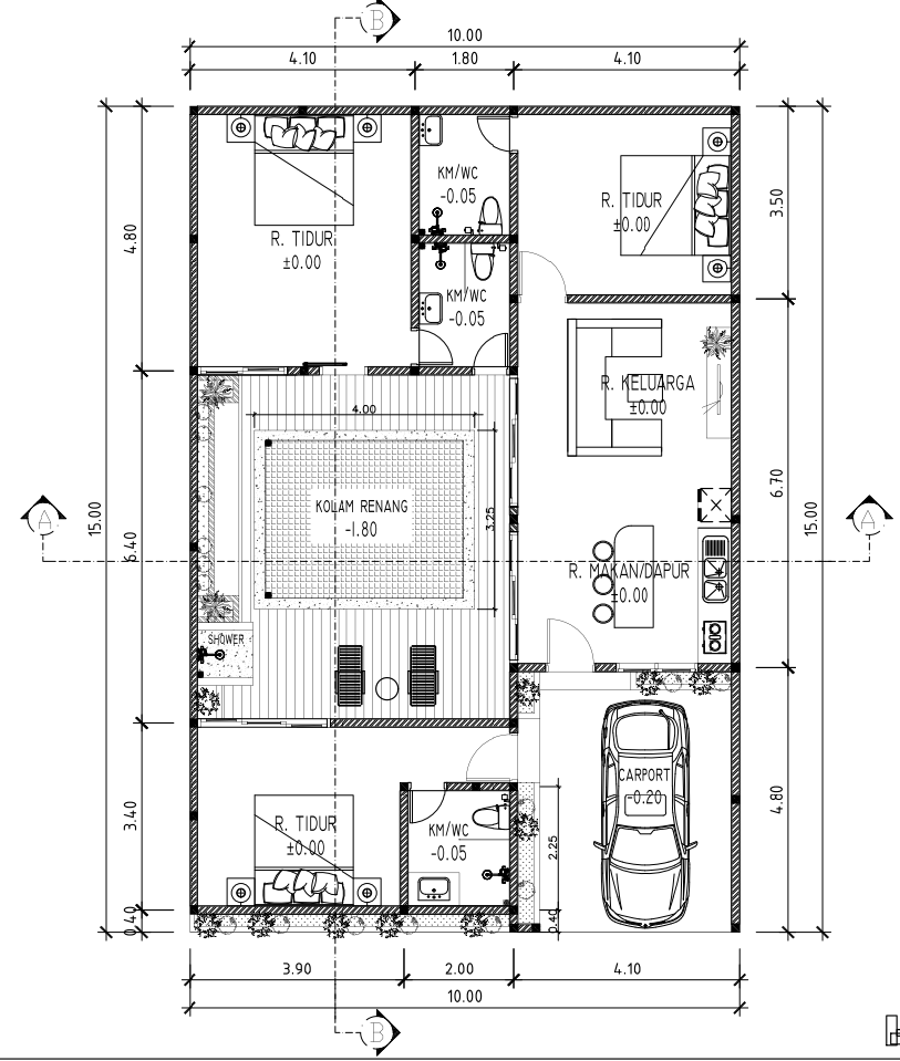 10m x 15m Modern House Plan with Swimming Pool and 3 Bedrooms DWG