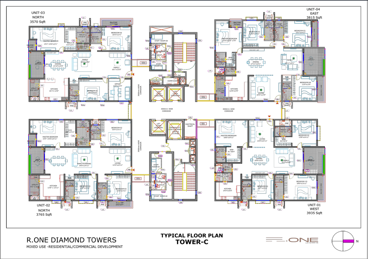 4 BHK Apartment DWG Layout Plan Tower C Units 3570 to 3935 Sqft
