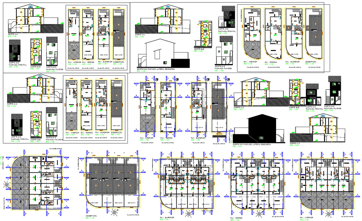 Multi Unit Row Housing Floor Plans and Elevations AutoCAD DWG