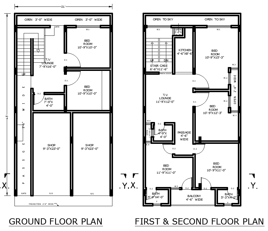 24x45 House Plan with Shops and 3 Floor DWG Layout AutoCAD File