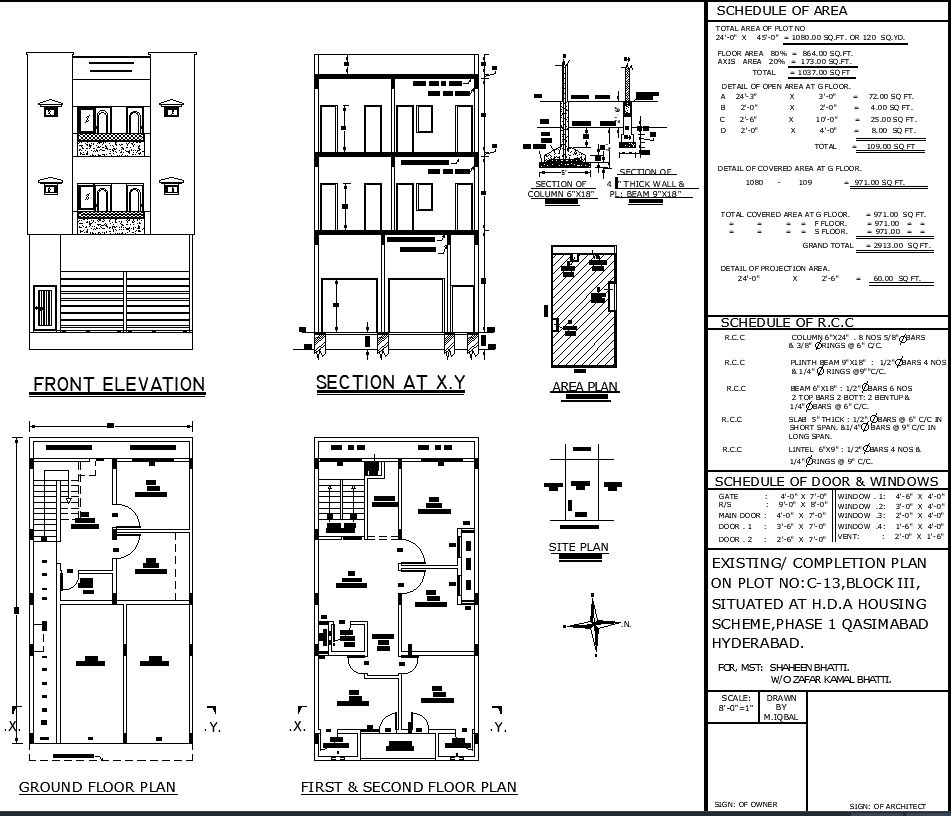 24x45 Residential House CAD Plan with Elevation and RCC Details