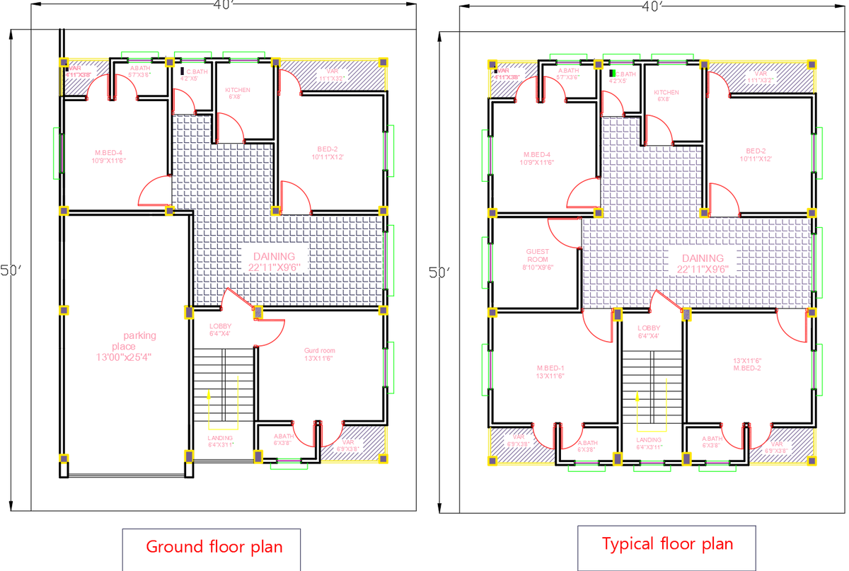 40x50 Residential Ground and Typical Floor Plan DWG Download