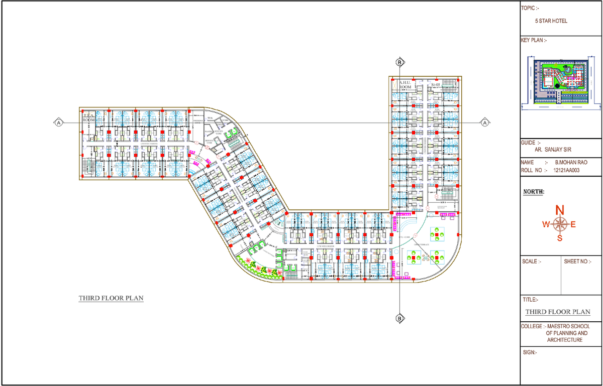 5 Star Hotel Third Floor Plan with Room Layouts and Corridor Details