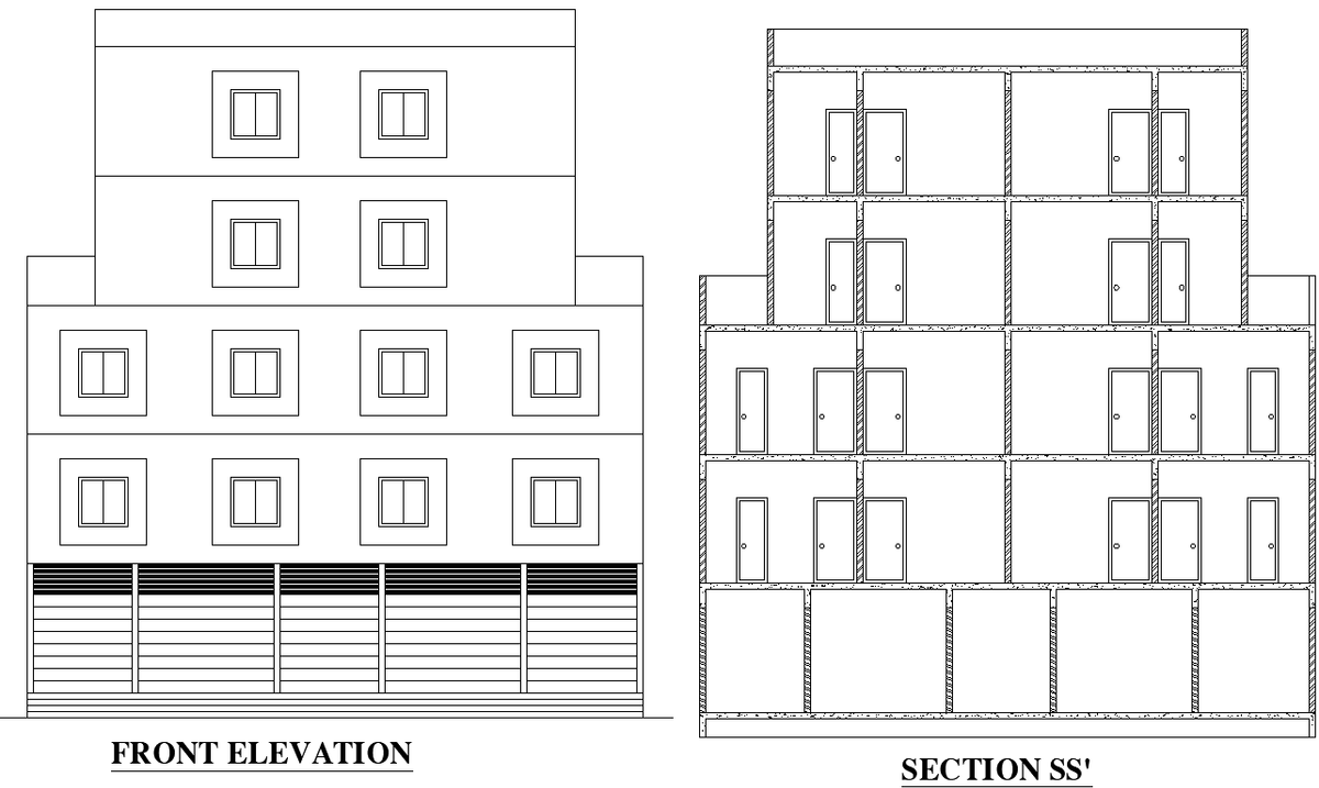 AutoCAD Building Plan Featuring Shop Sizes, Bedrooms, and R.C.C Detail