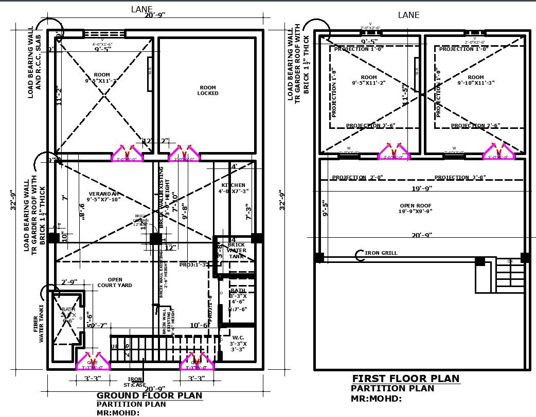 AutoCAD House Plan Showing Courtyard Verandah and Room Dimensions