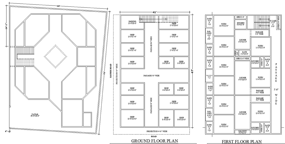 Commercial Building AutoCAD Plan with Multiple Shops and Rooms Layout