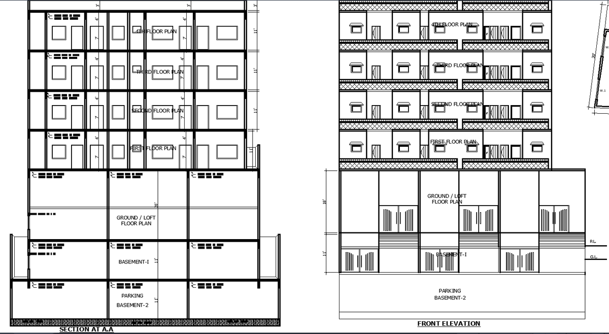 Commercial Residential Cad Drawing with Floors Parking and Rooms