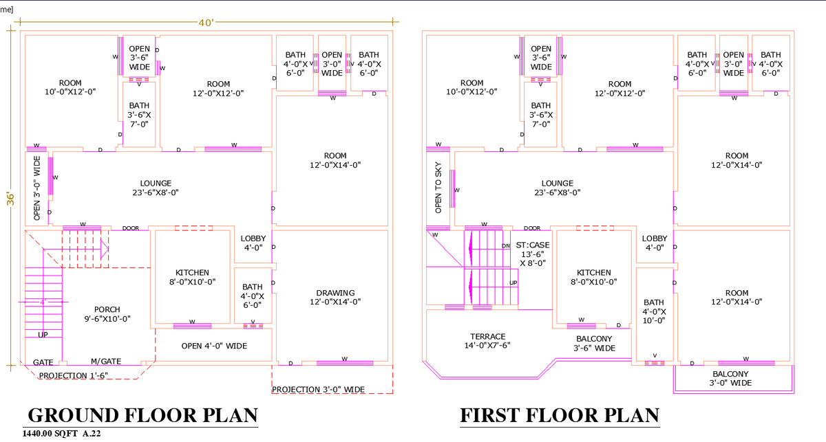 Ground and First Floor AutoCAD Plan with Rooms, Lounge, and Terrace
