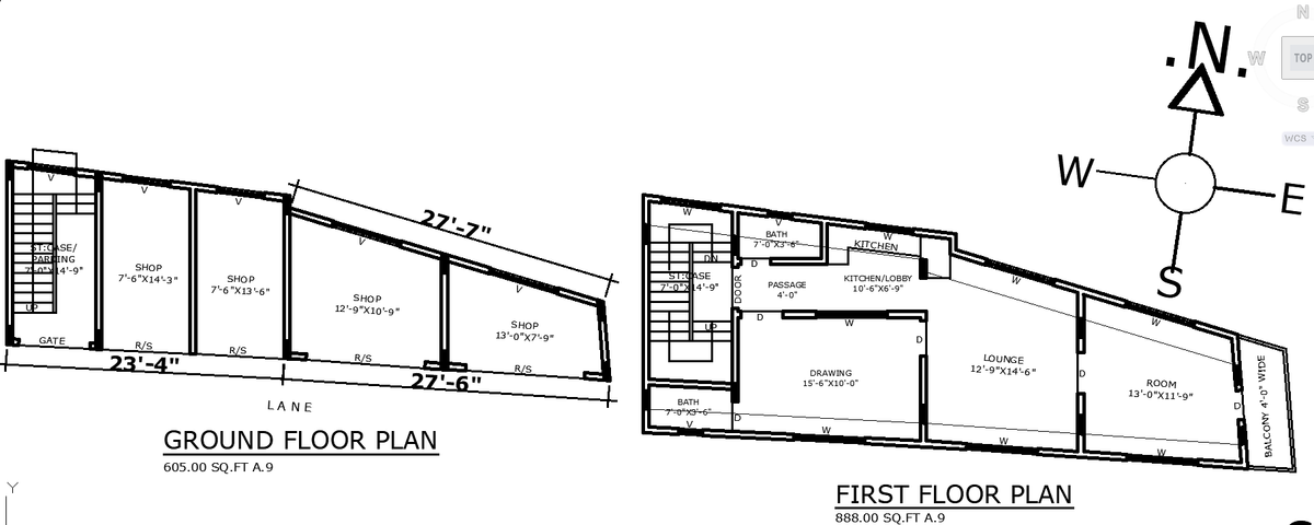 Ground and First Floor AutoCAD Plan with Shops and Room Layout