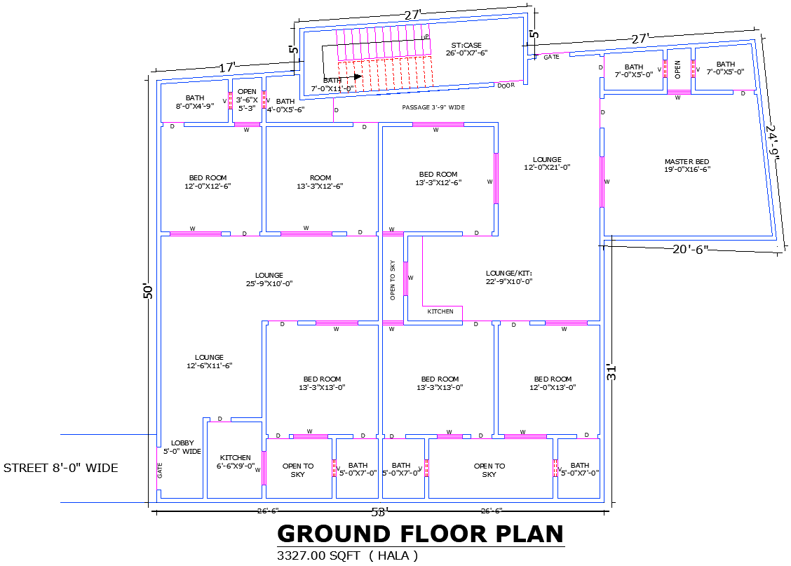 House AutoCAD File Plan with Bedrooms Lounge Kitchen and Baths