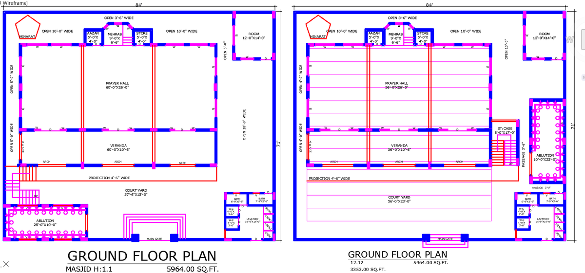 Masjid AutoCAD DWG Floor Plan with Prayer Hall and Ablution Area