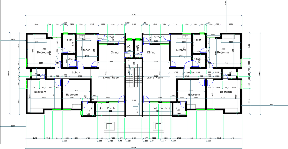 Residential Cad Drawing Floor Plan with Bedrooms Kitchen Dining
