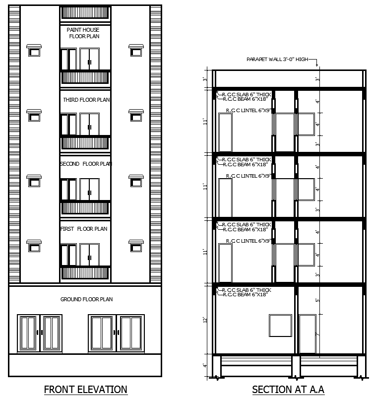Residential Cad Drawing Plan with Floors Rooms Kitchen and Baths