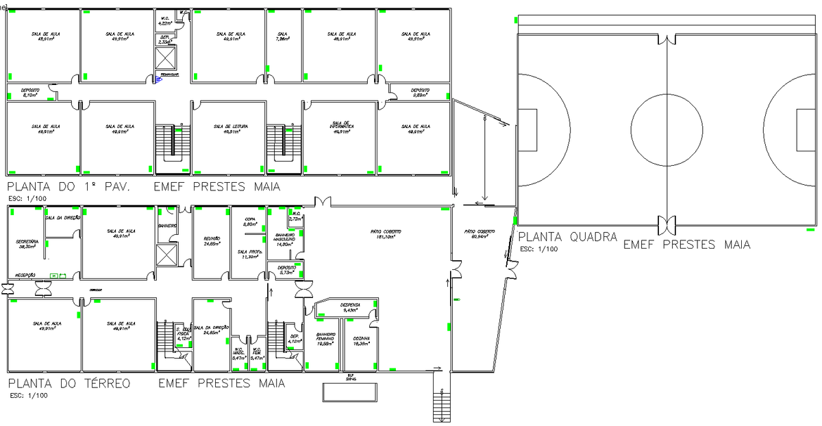 School Building AutoCAD Plan with 48m2 Classrooms and Court Layout