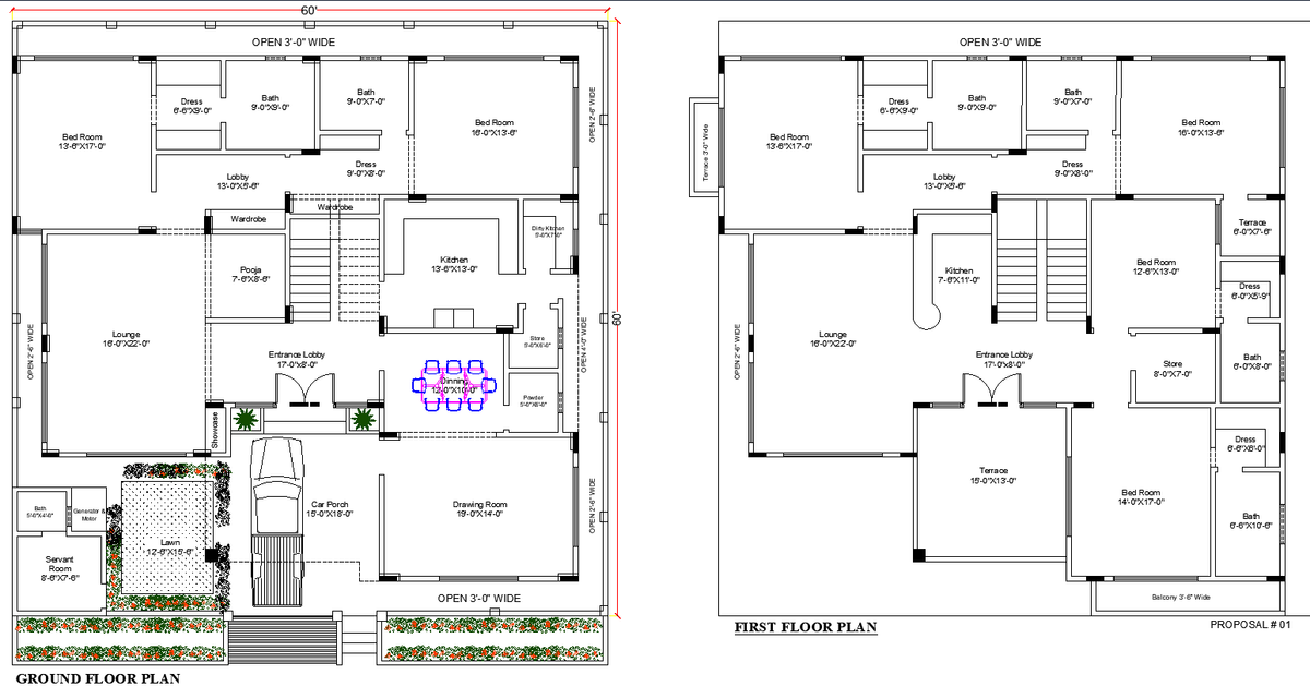 Spacious House CAD DWG Plan with Bedrooms, Lounge Kitchen Lawn