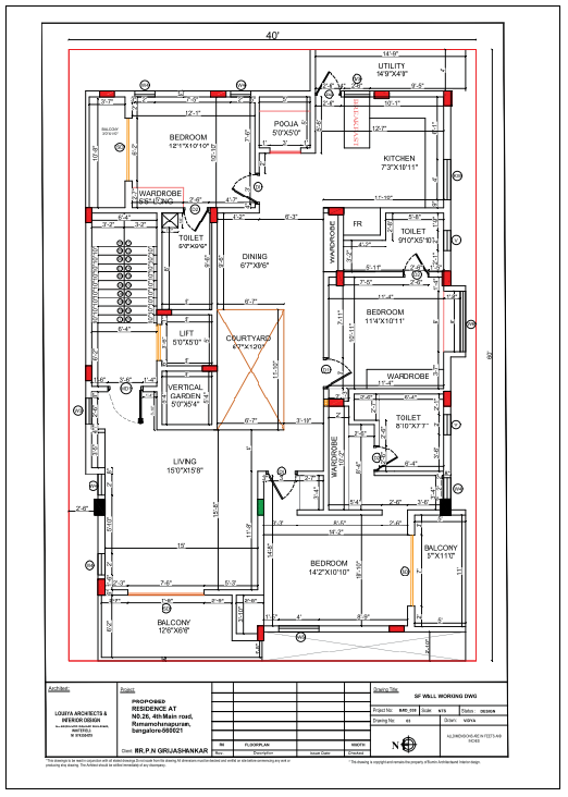 40 Foot House Plan DWG with Bedrooms Courtyard and Detailed Layout