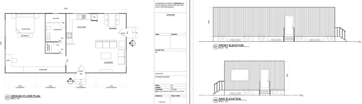 40ft Container House Floor Plan With Front Side Elevation Design
