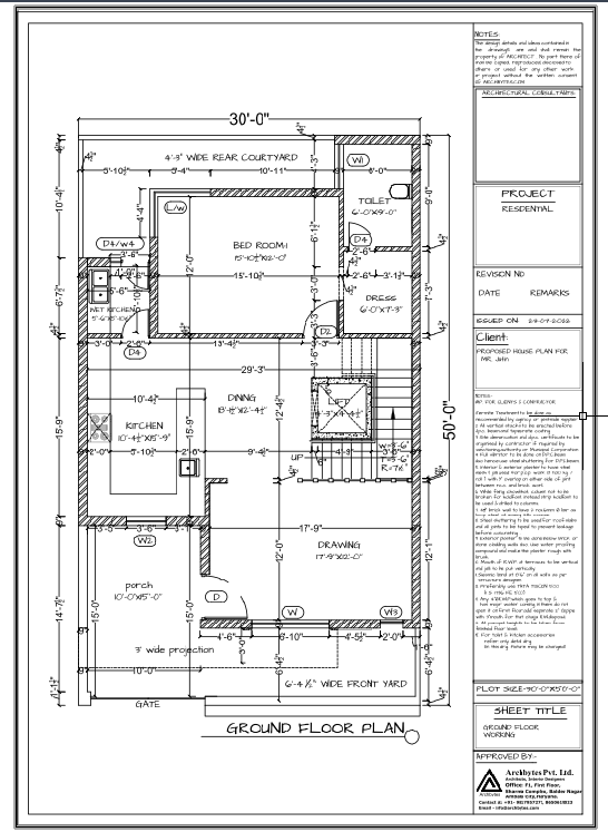 40x50 Residential Ground Floor Architectural Layout with Dimensions