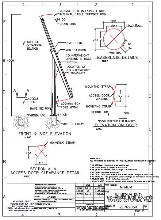 4M Hinged Tapered Pole DWG with 282 mm Baseplate and Access Door