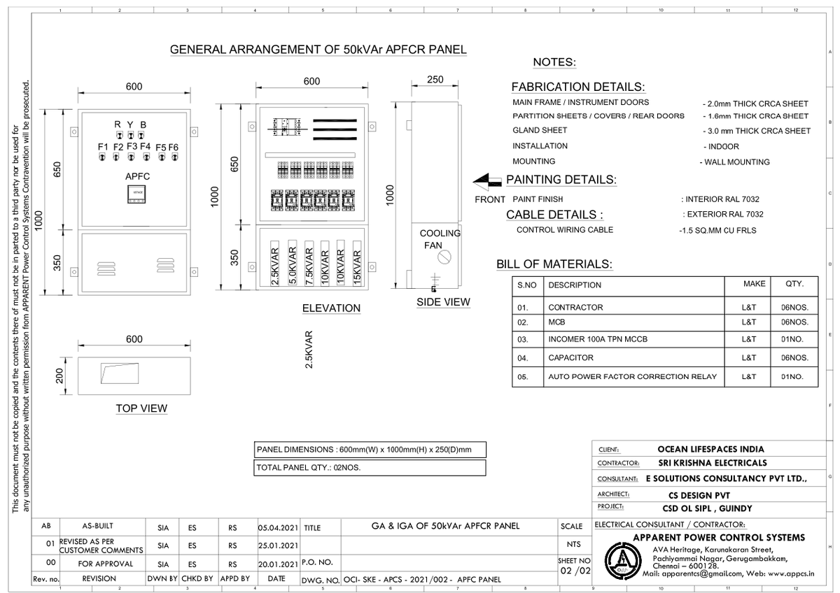 50kVAr APFCR Panel General Arrangement Drawing With Dimensions