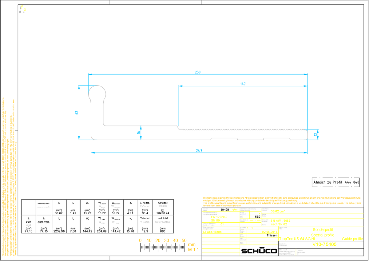 Aluminium guide profile CAD drawing V10 75405 with 250 mm size