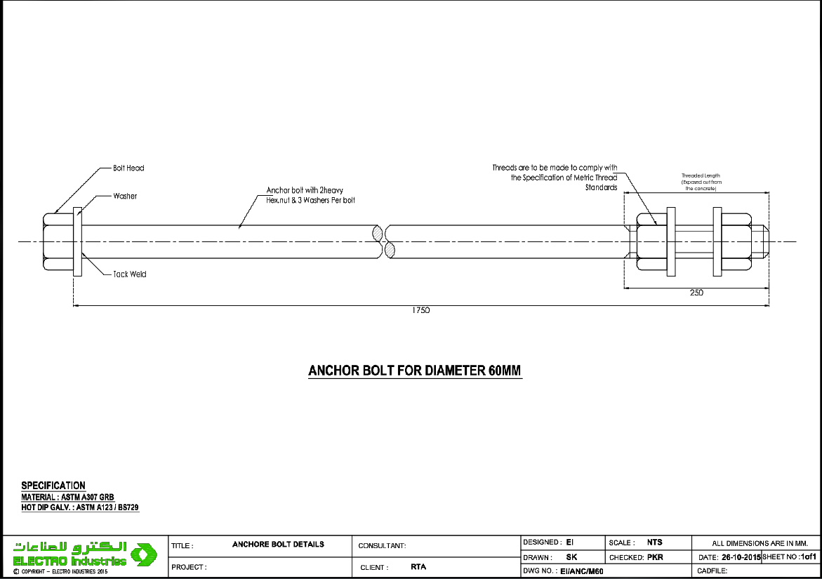 Anchor Bolt 60mm Diameter Details Drawing With 1750mm Length