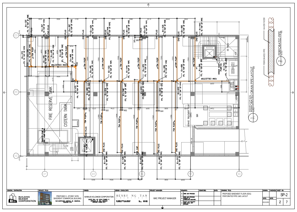 Basement Floor Perforated Drain Pipe Layout with Detailed Tank Plan
