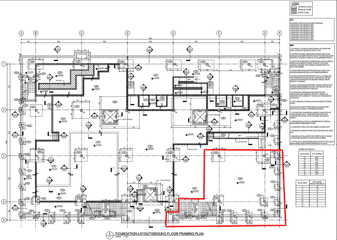 Foundation Layout And Ground Floor Framing Plan With Column Grid
