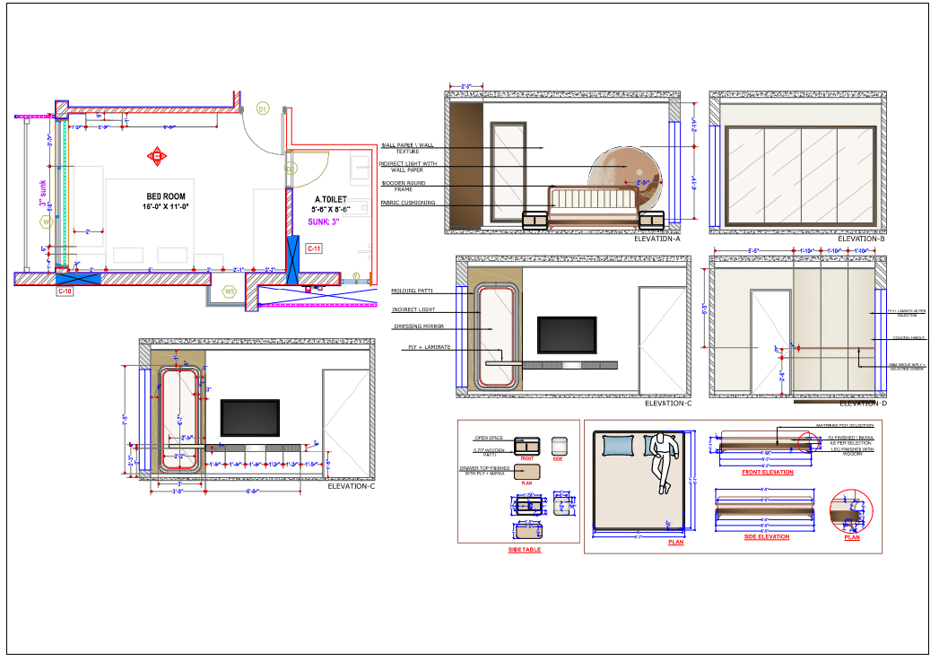Bedroom Interior DWG with Toilet Layout Elevations and Furniture Plan