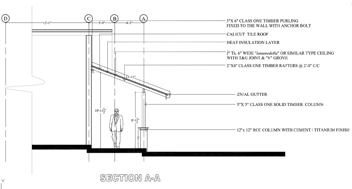 Building Section A A Drawing With Timber Roof And RCC Column