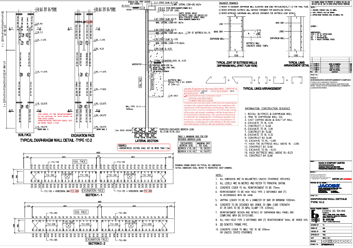 Diaphragm Wall Structural Details With Sections And Reinforcement