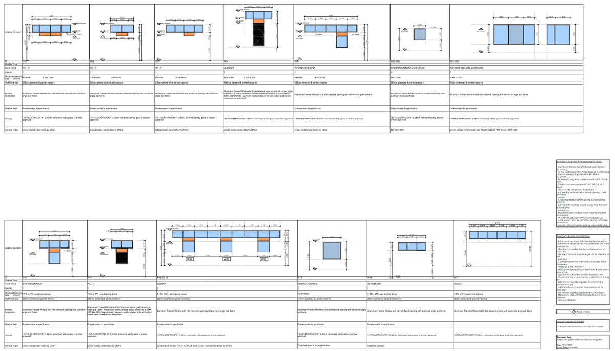 Aluminium Window Schedule Drawing With Sizes, Glazing, and Elevations