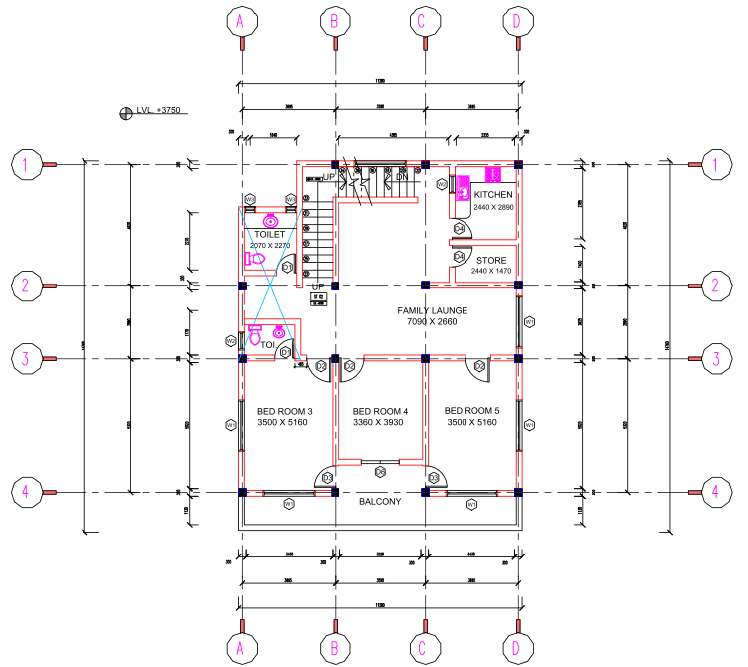 First Floor Residence Layout Plan With Bedrooms, Kitchen, and Balcony