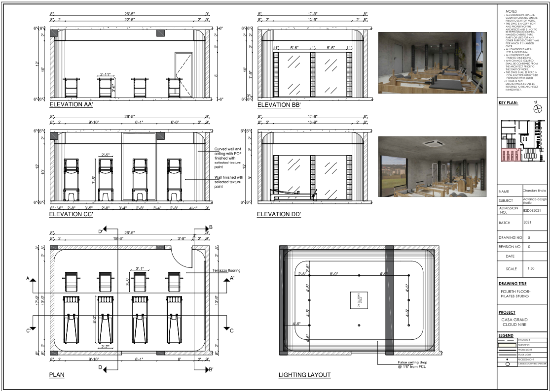 Fourth Floor Pilates Studio Interior Layout With Elevations And Light