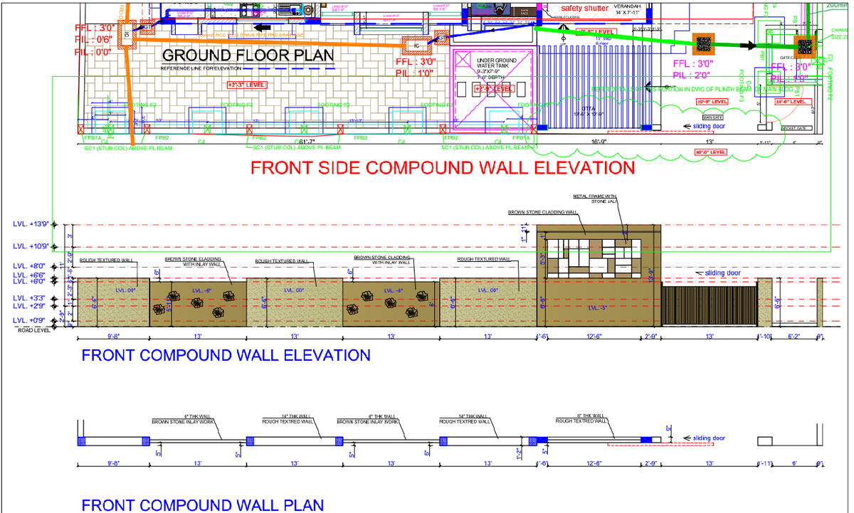 Front Compound Wall Plan and Elevation with Levels and Gate Details