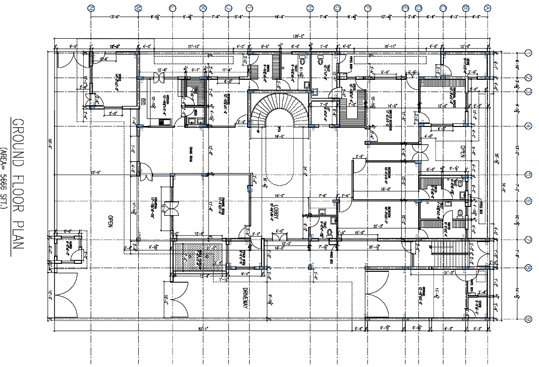 Residential Ground Floor Architectural Grid Plan Drawing 5666 Sqft