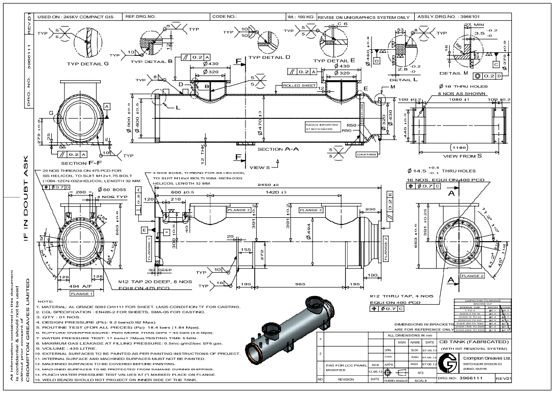 High-Pressure CB Tank Fabrication Drawing with 435L Capacity Details