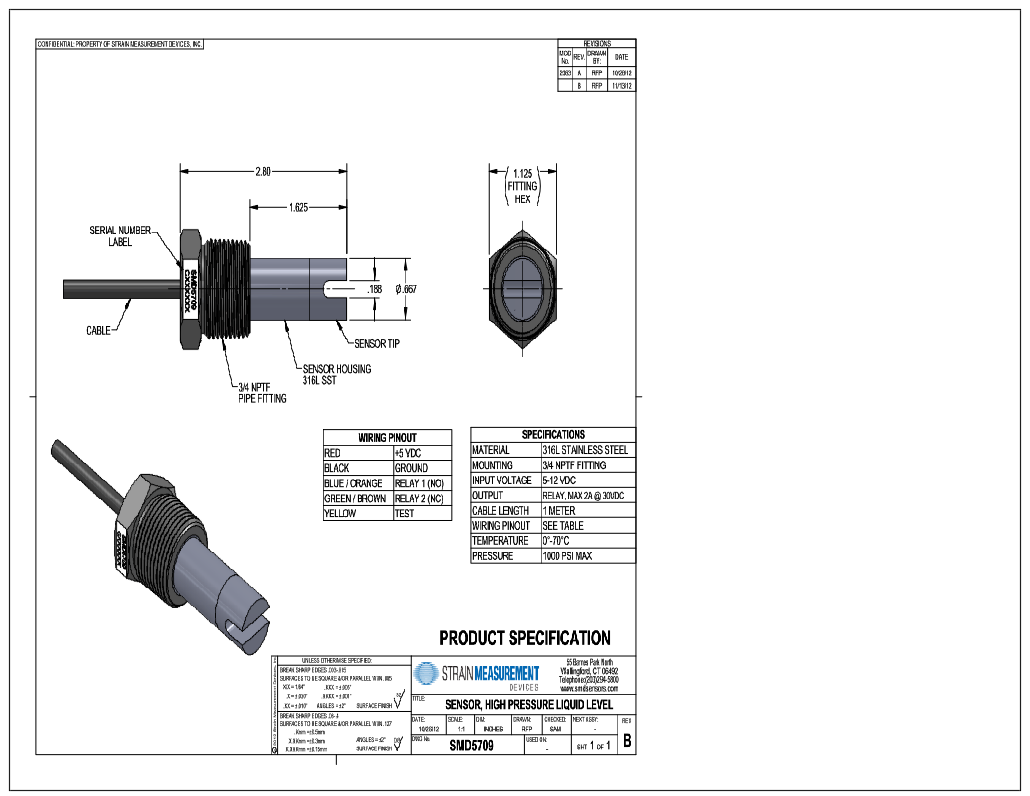 High Pressure Liquid Sensor Layout with 150 mm Measurement Details