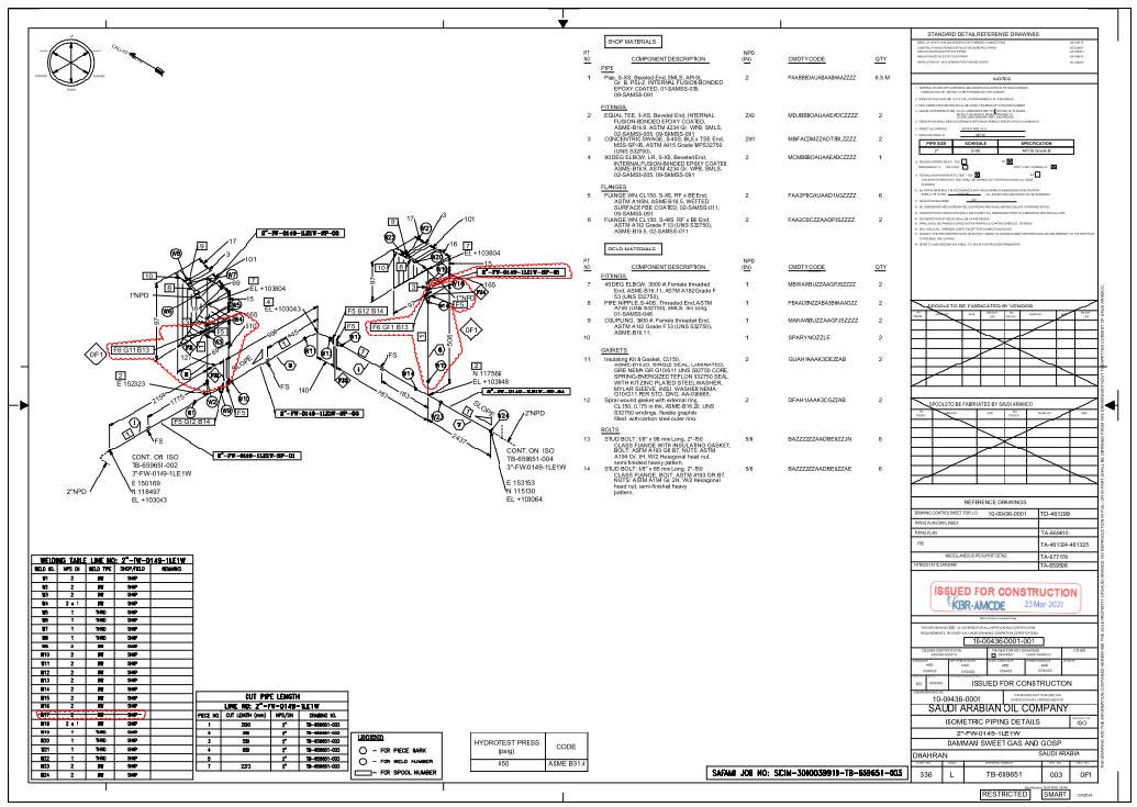 Industrial Piping Spool Layout with Material List and Welding Details