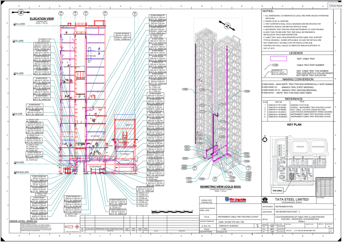 Instrument cable tray routing CAD layout with elevation view