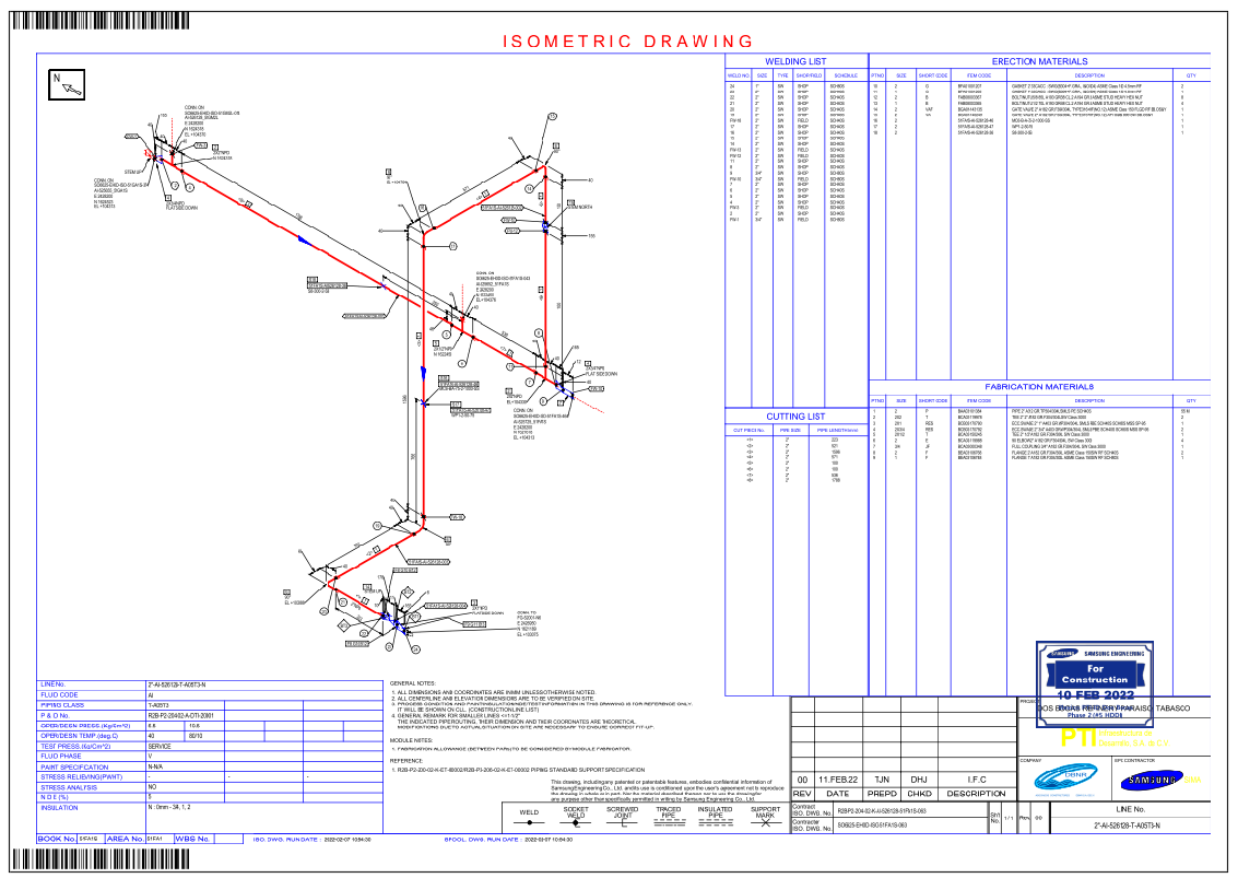 Isometric Piping DWG with Pipe Lengths, Valve Layout, and Weld Details