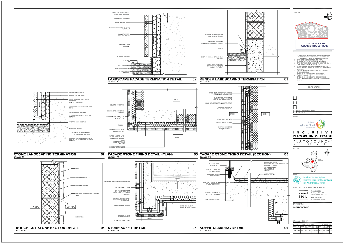 Landscape Facade Stone Fixing And Termination Details With Sections