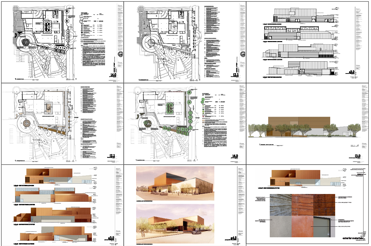 Landscape Site Plan and Building Elevation Drawing Set with Sections